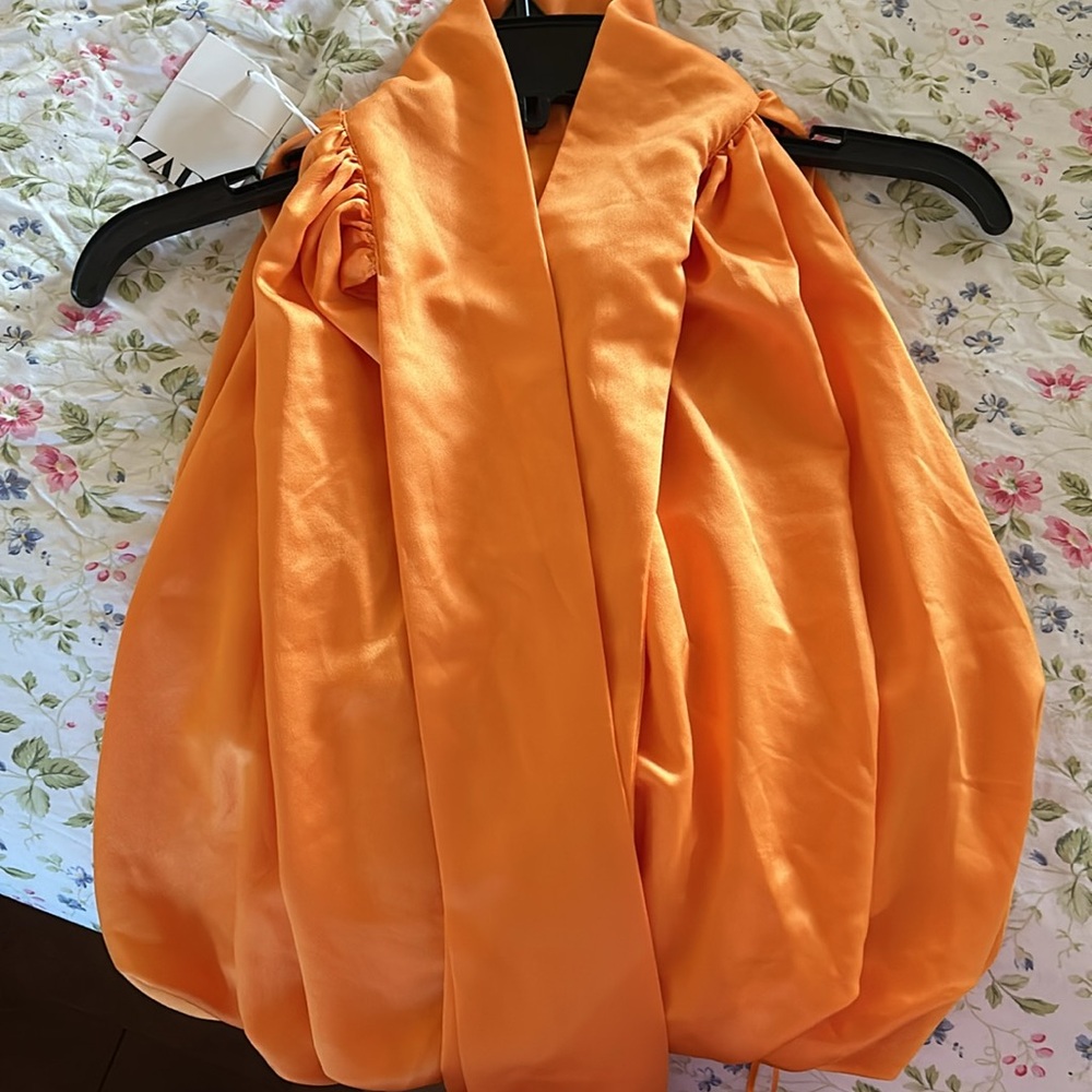 ZARA Orange Satin Halter Tie Neck Wrap Top - Picture 9 of 11
